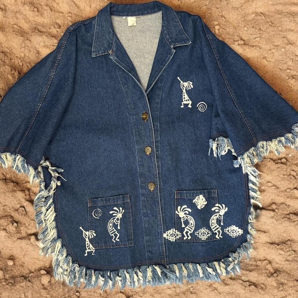Denim Poncho with distressed fringe